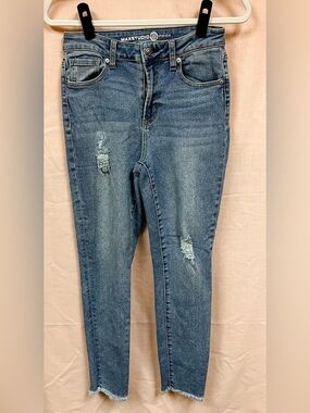 Max Studio Indigo Distressed High Rise Skinny Jeans - Light Wash Blue